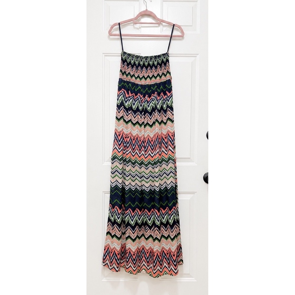 Fire Los Angeles Chevron Zigzag Smocked Maxi Dress Navy Green Peach Medium